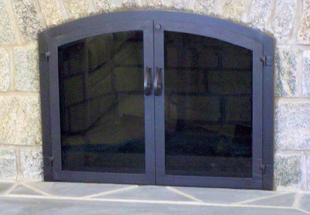 Nantucket Arch (Mortar installation)  All lack finish, twin/cabinet doors standard forged handles, smoke glass. Comes with gate mesh door spark screens.